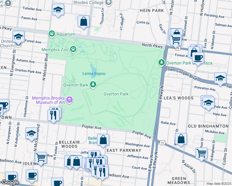 map of restaurants, bars, coffee shops, grocery stores, and more near 1914 Poplar Avenue in Memphis