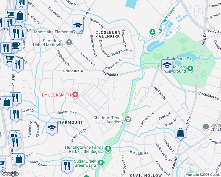 map of restaurants, bars, coffee shops, grocery stores, and more near 2215 Whitford Lane in Charlotte
