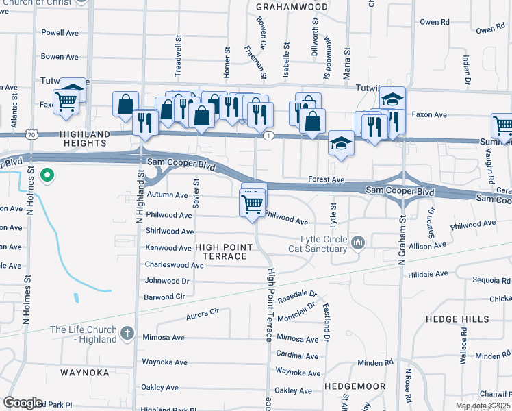 map of restaurants, bars, coffee shops, grocery stores, and more near 6930 Autumn Avenue in Memphis