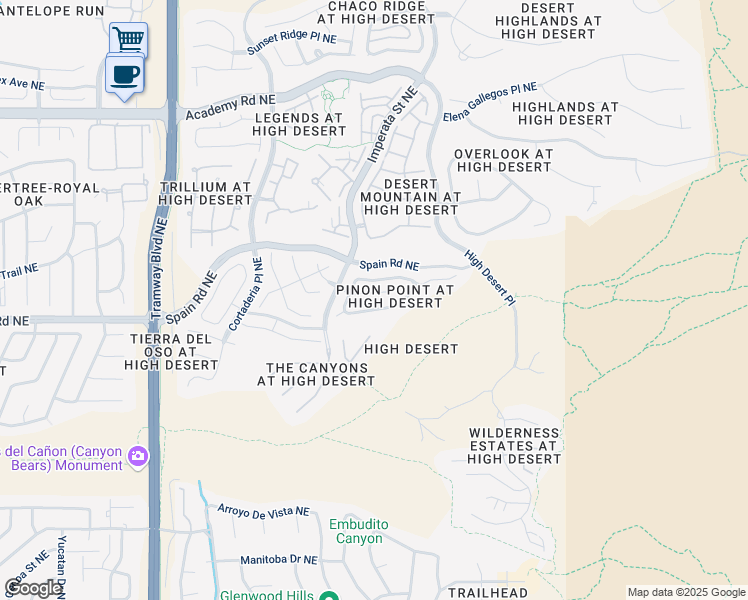 map of restaurants, bars, coffee shops, grocery stores, and more near 13227 Moondance Place Northeast in Albuquerque