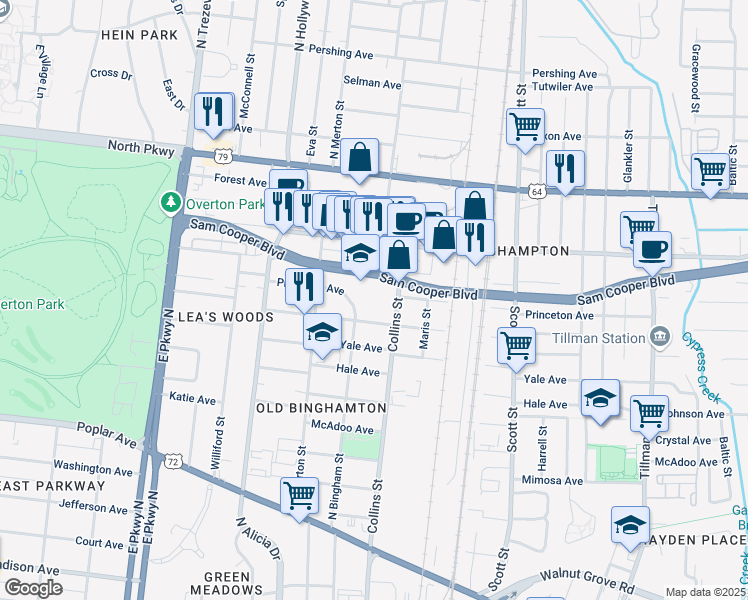 map of restaurants, bars, coffee shops, grocery stores, and more near 2605 Sam Cooper Boulevard in Memphis