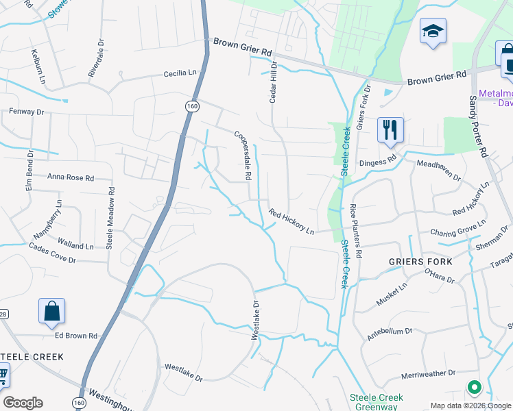 map of restaurants, bars, coffee shops, grocery stores, and more near 3806 Coopersdale Road in Charlotte