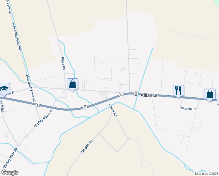 map of restaurants, bars, coffee shops, grocery stores, and more near 959 Main Street in Bayboro