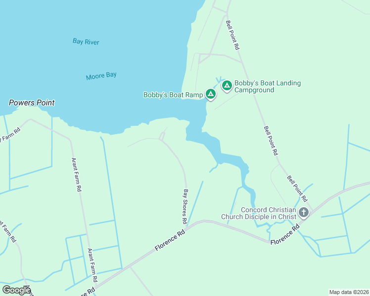 map of restaurants, bars, coffee shops, grocery stores, and more near 466 Bay Shores Road in Pamlico