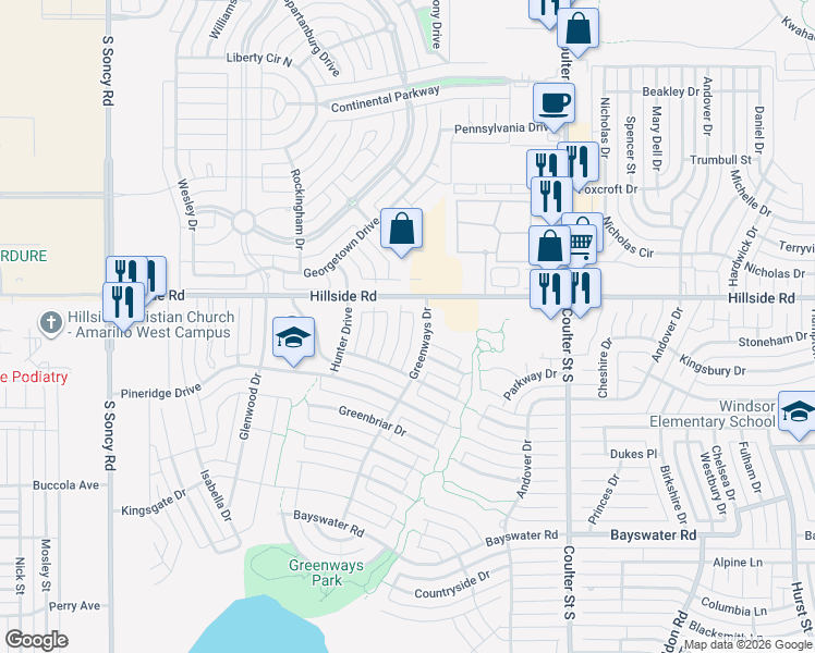 map of restaurants, bars, coffee shops, grocery stores, and more near 6001 Riley Elizabeth Place in Amarillo