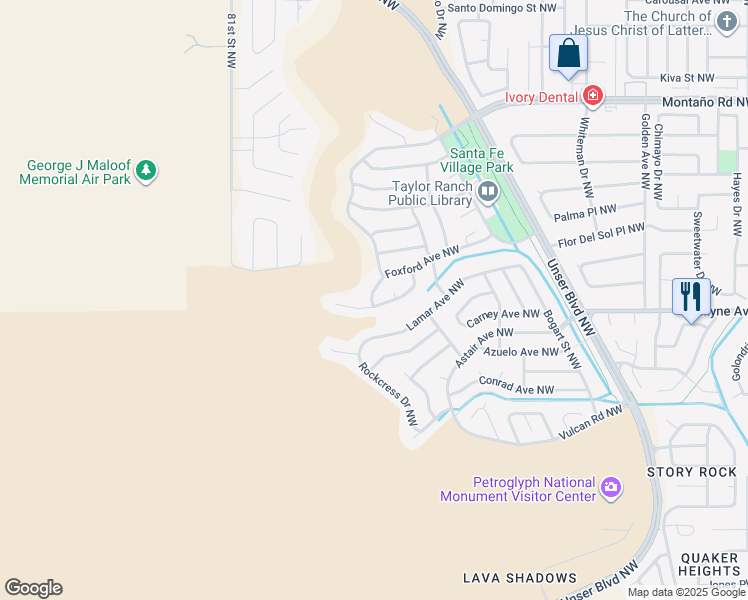 map of restaurants, bars, coffee shops, grocery stores, and more near 7409 Foxford Avenue Northwest in Albuquerque