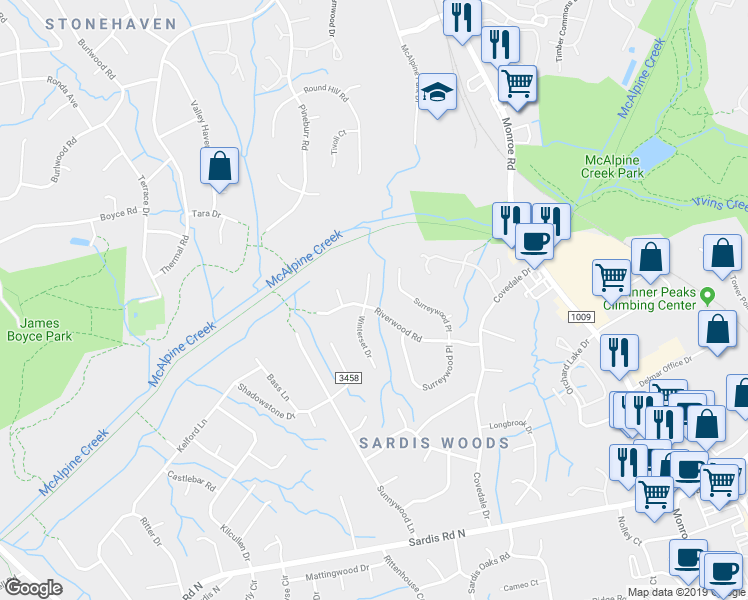 map of restaurants, bars, coffee shops, grocery stores, and more near 7923 Surreywood Place in Charlotte