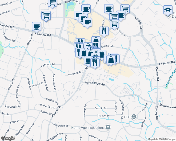 map of restaurants, bars, coffee shops, grocery stores, and more near 4738 Sharon Road in Charlotte
