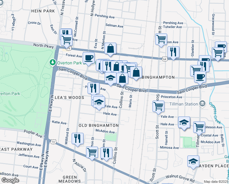 map of restaurants, bars, coffee shops, grocery stores, and more near 2596 Sam Cooper Boulevard in Memphis