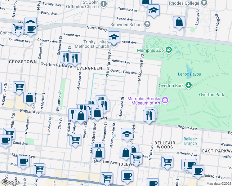 map of restaurants, bars, coffee shops, grocery stores, and more near 1752 Carruthers Place in Memphis