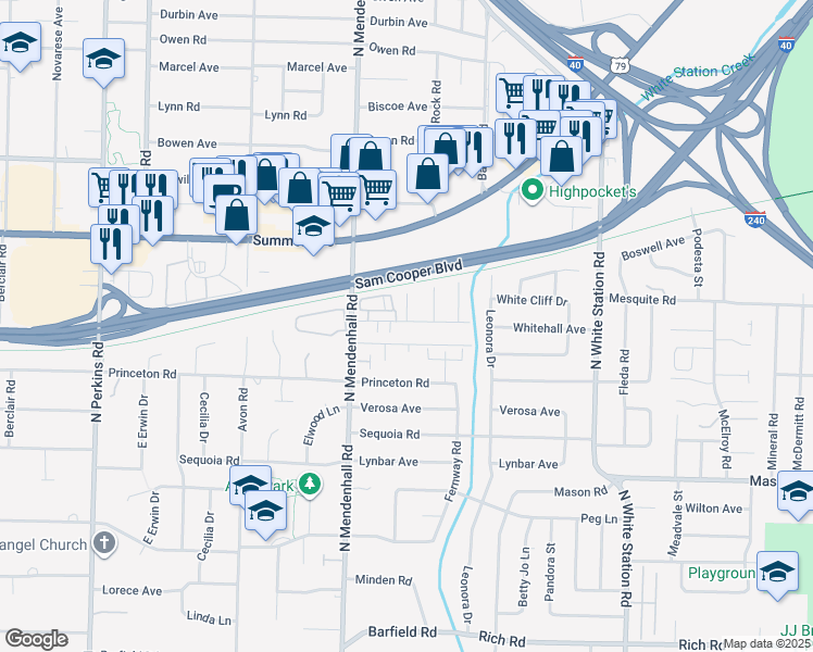 map of restaurants, bars, coffee shops, grocery stores, and more near 563 East Mendenview Drive in Memphis