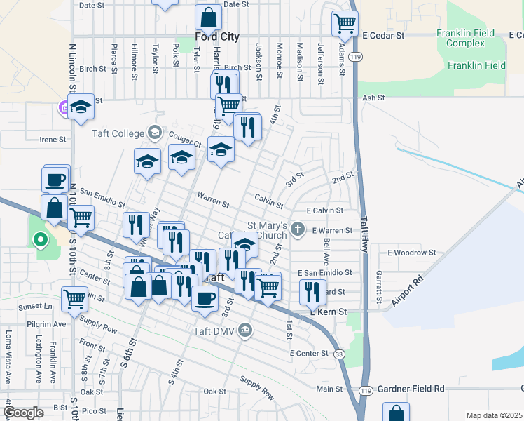 map of restaurants, bars, coffee shops, grocery stores, and more near 805 3rd Street in Taft