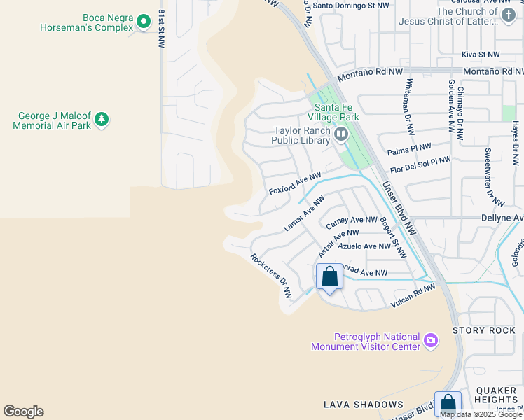 map of restaurants, bars, coffee shops, grocery stores, and more near 7409 Foxford Avenue Northwest in Albuquerque
