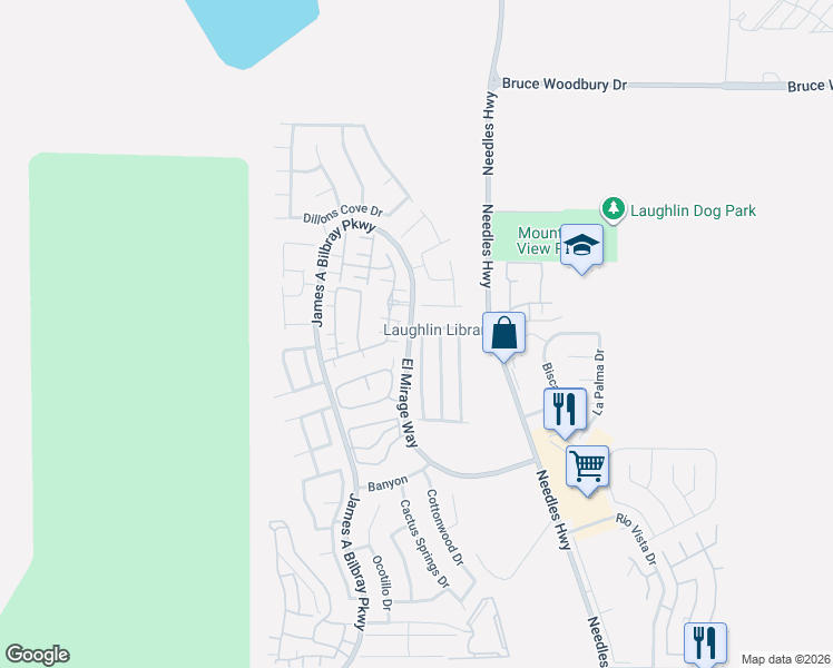 map of restaurants, bars, coffee shops, grocery stores, and more near 2121 Hunt Woods Court in Laughlin