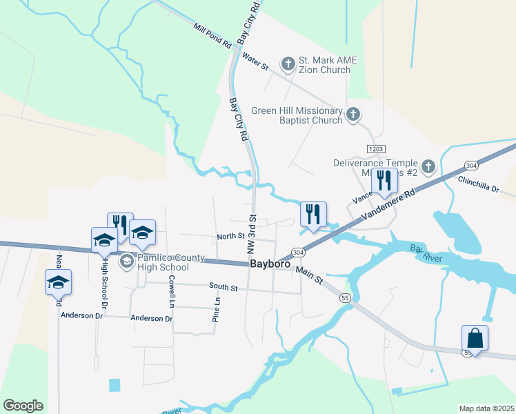 map of restaurants, bars, coffee shops, grocery stores, and more near 305 Northwest 3rd Street in Bayboro