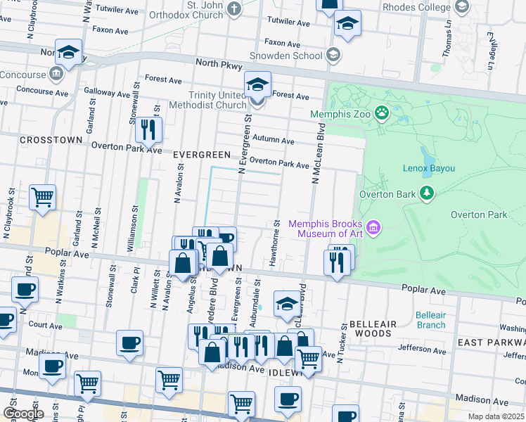 map of restaurants, bars, coffee shops, grocery stores, and more near 1752 Carruthers Place in Memphis