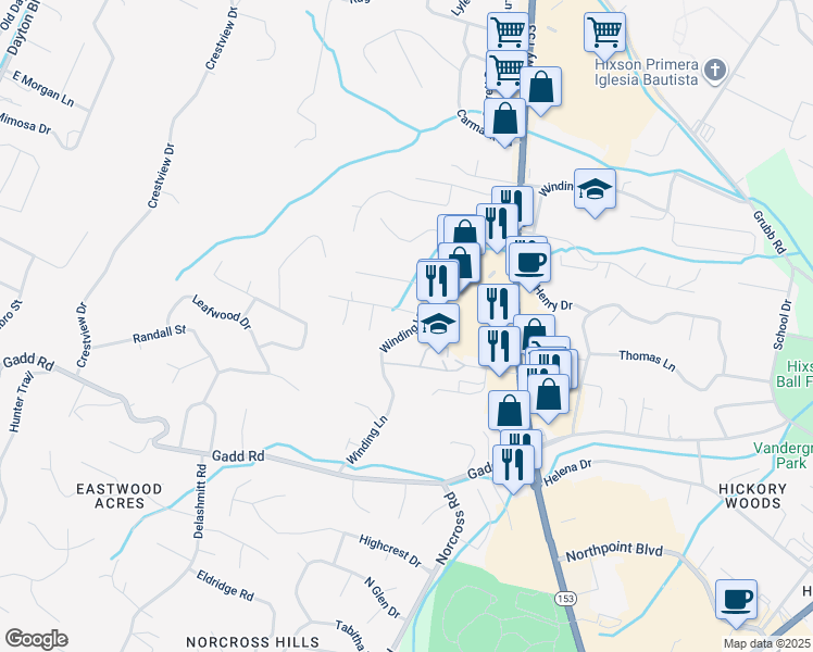 map of restaurants, bars, coffee shops, grocery stores, and more near 5139 Winding Lane in Chattanooga