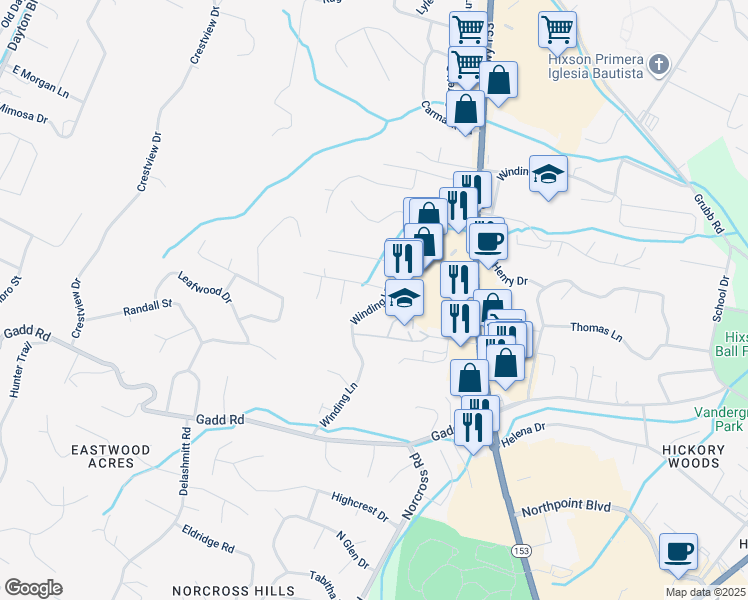 map of restaurants, bars, coffee shops, grocery stores, and more near 5139 Winding Lane in Chattanooga