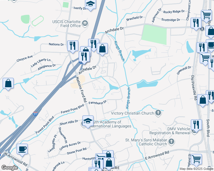 map of restaurants, bars, coffee shops, grocery stores, and more near 831 Farmhurst Drive in Charlotte