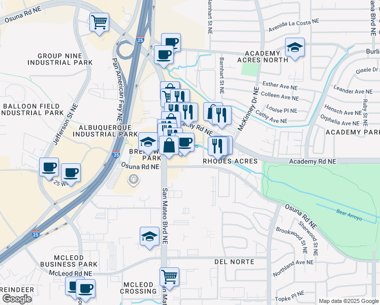 map of restaurants, bars, coffee shops, grocery stores, and more near 5741 Osuna Road Northeast in Albuquerque