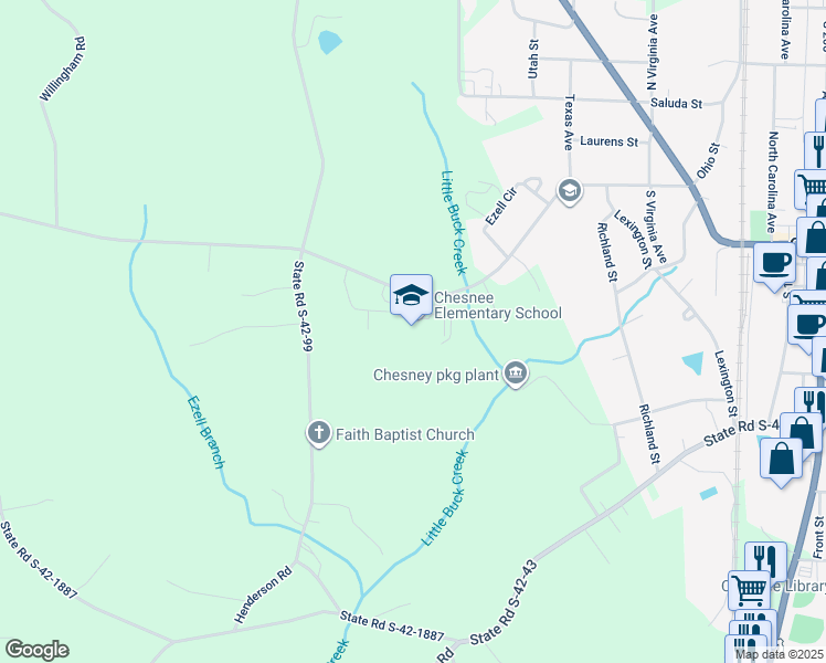 map of restaurants, bars, coffee shops, grocery stores, and more near 985 Fairfield Road in Chesnee