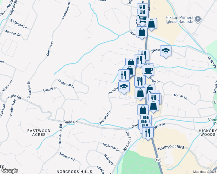 map of restaurants, bars, coffee shops, grocery stores, and more near 5134 Barbara Court in Chattanooga