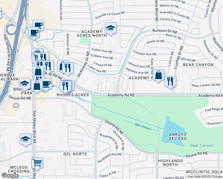 map of restaurants, bars, coffee shops, grocery stores, and more near 62 Plaza De La Noche Northeast in Albuquerque