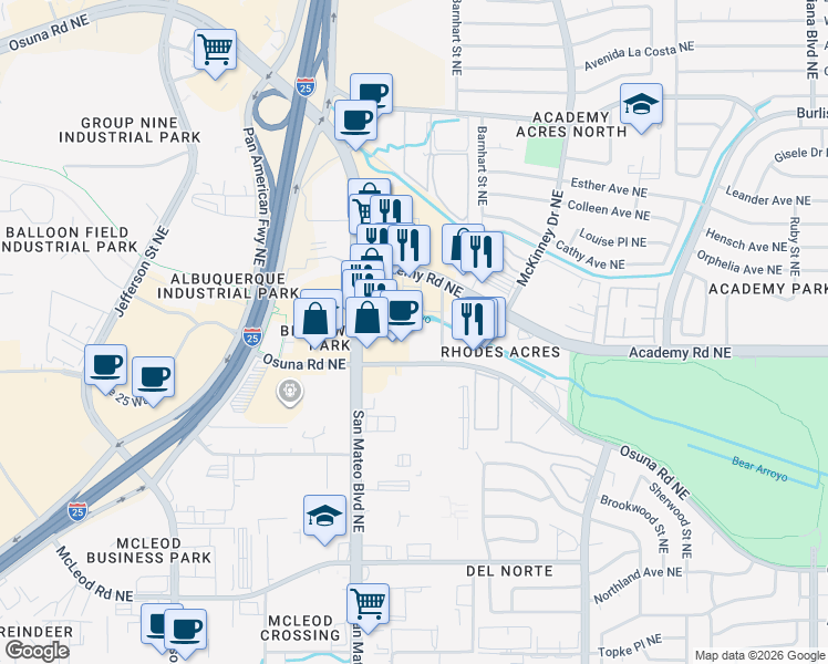 map of restaurants, bars, coffee shops, grocery stores, and more near 5410 Academy Road Northeast in Albuquerque