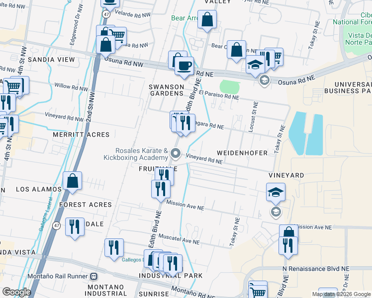 map of restaurants, bars, coffee shops, grocery stores, and more near 6220 Edith Boulevard Northeast in Albuquerque