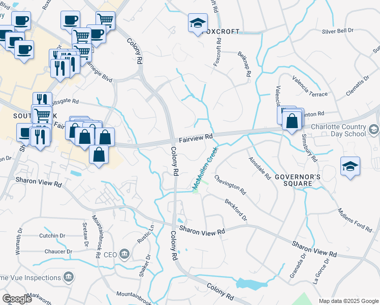 map of restaurants, bars, coffee shops, grocery stores, and more near 4601 Colony Road in Charlotte