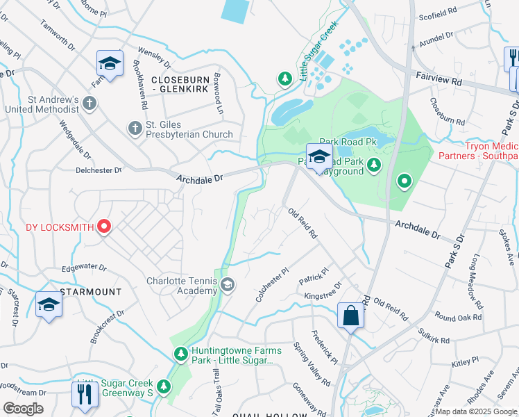 map of restaurants, bars, coffee shops, grocery stores, and more near 6523 Clavell Lane in Charlotte