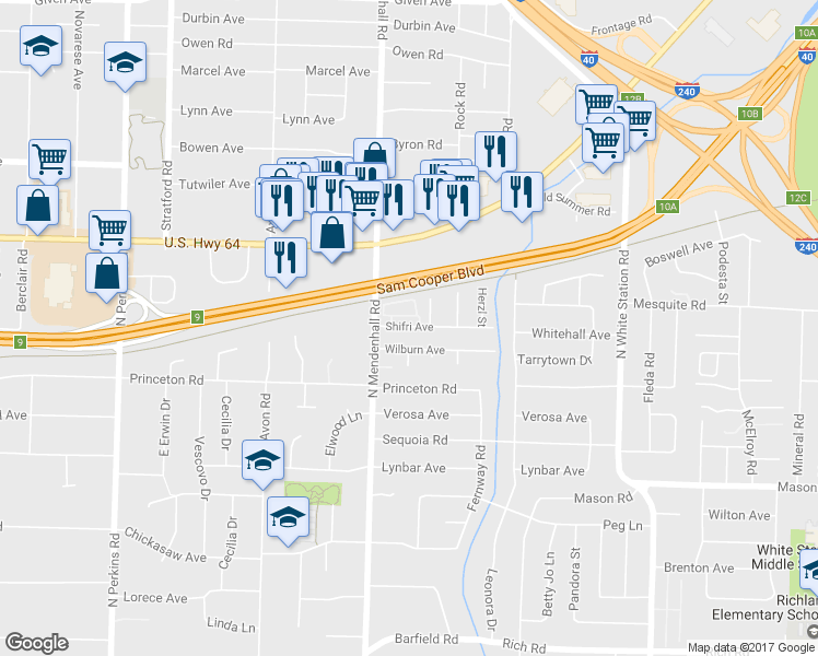 map of restaurants, bars, coffee shops, grocery stores, and more near 563 East Mendenview Drive in Memphis