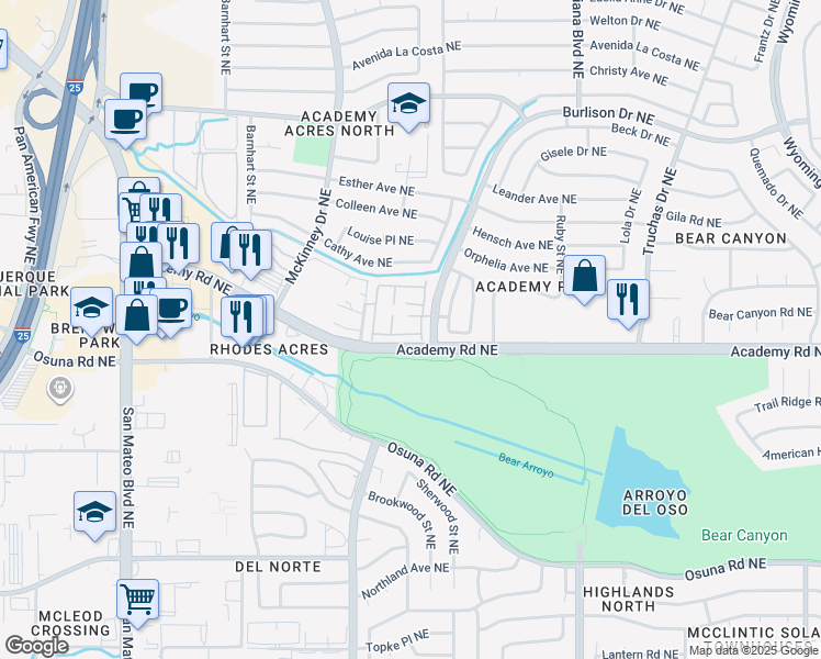 map of restaurants, bars, coffee shops, grocery stores, and more near 62 Plaza De La Noche Northeast in Albuquerque