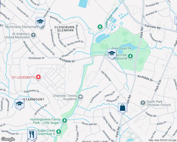 map of restaurants, bars, coffee shops, grocery stores, and more near 6500 Clavell Lane in Charlotte