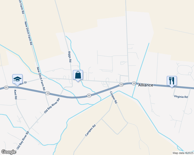 map of restaurants, bars, coffee shops, grocery stores, and more near 825 Main Street in Bayboro