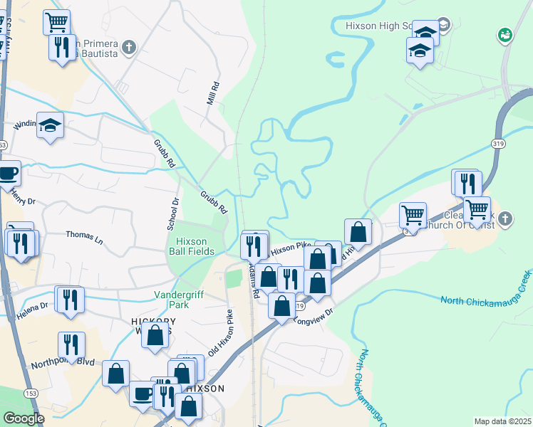 map of restaurants, bars, coffee shops, grocery stores, and more near 5411 Old Hixson Pike in Chattanooga