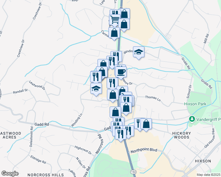 map of restaurants, bars, coffee shops, grocery stores, and more near 5579 Tennessee 153 in Chattanooga