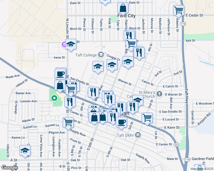map of restaurants, bars, coffee shops, grocery stores, and more near 617 Woodrow Street in Taft