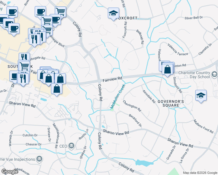 map of restaurants, bars, coffee shops, grocery stores, and more near 4601 Colony Road in Charlotte