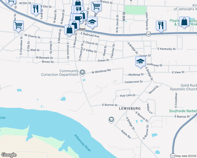 map of restaurants, bars, coffee shops, grocery stores, and more near 6 West Winthrop Road in Morrilton