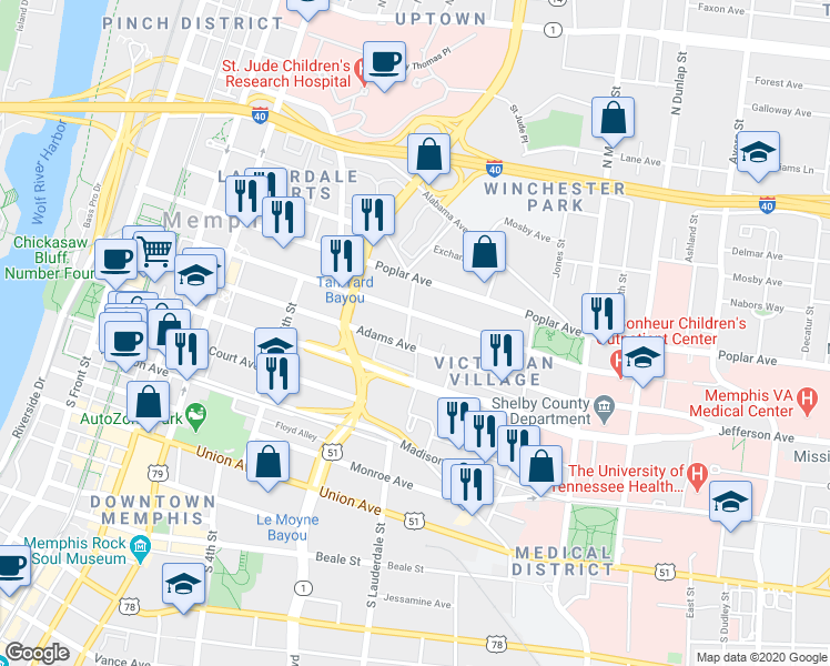 map of restaurants, bars, coffee shops, grocery stores, and more near 382 Washington Avenue in Memphis