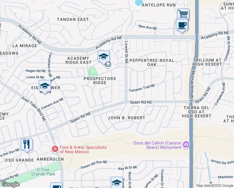 map of restaurants, bars, coffee shops, grocery stores, and more near 5801 Lowell Street Northeast in Albuquerque