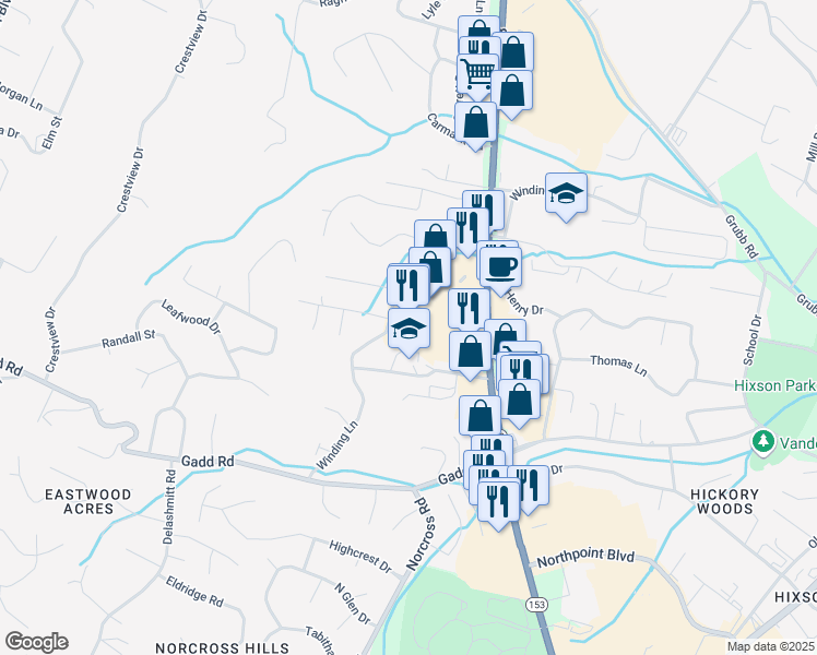 map of restaurants, bars, coffee shops, grocery stores, and more near 5579 Tennessee 153 in Chattanooga