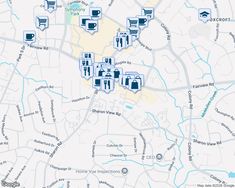 map of restaurants, bars, coffee shops, grocery stores, and more near 6770 Broad Street in Charlotte