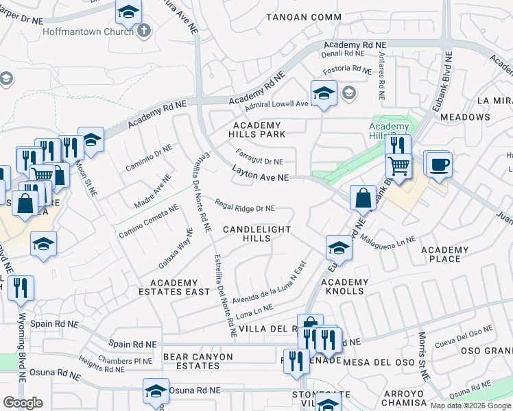map of restaurants, bars, coffee shops, grocery stores, and more near 9412 Layton Court Northeast in Albuquerque