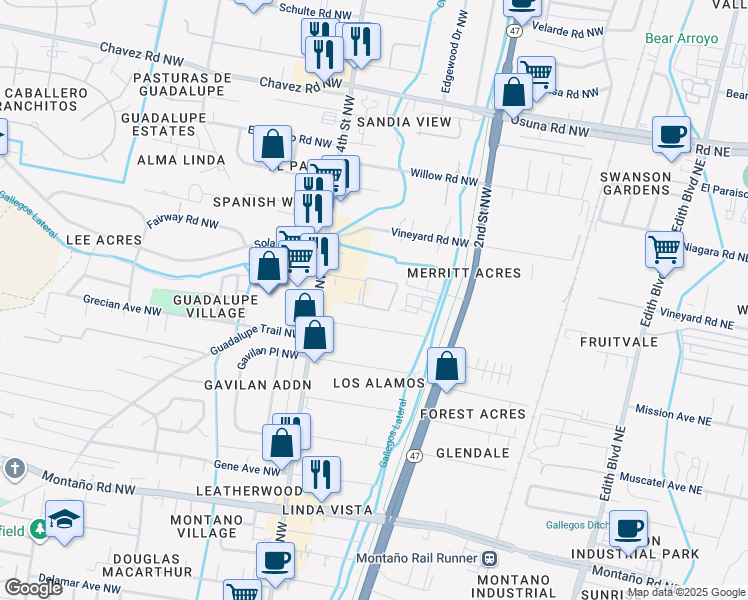 map of restaurants, bars, coffee shops, grocery stores, and more near 6126 4th Street Northwest in Los Ranchos de Albuquerque