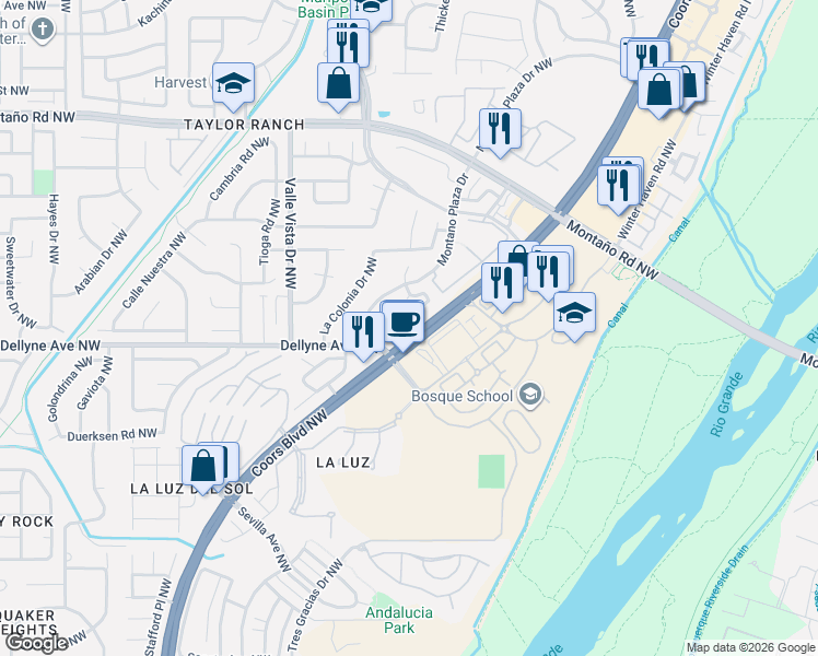 map of restaurants, bars, coffee shops, grocery stores, and more near 5315 Apollo Drive Northwest in Albuquerque