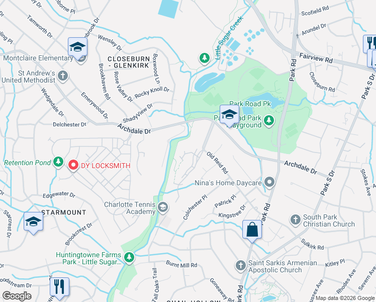map of restaurants, bars, coffee shops, grocery stores, and more near 6523 Clavell Lane in Charlotte