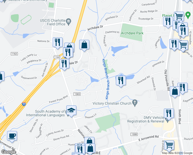 map of restaurants, bars, coffee shops, grocery stores, and more near in Charlotte