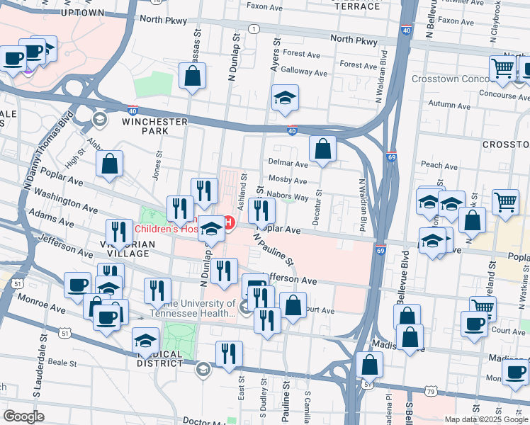 map of restaurants, bars, coffee shops, grocery stores, and more near 221 Ayers Street in Memphis